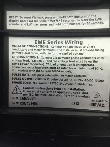 SQUARE D EME3084 POWER LOGIC ENERGY METER 600VAC 7