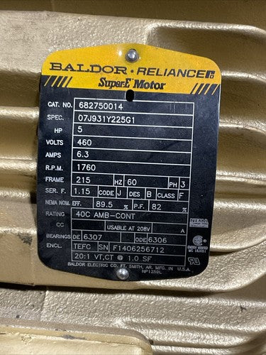 BALDOR 682750014 SUPER-E MOTOR 5HP 6.3A 1760RPM 3PH 460V 07J931Y225G11