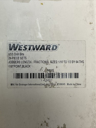 WESTWARD 4UM92B HSS DRILL BITS 29-PIECE SET JOBBER LENGTH 1/16 TO 1/2 BY 64 THS1
