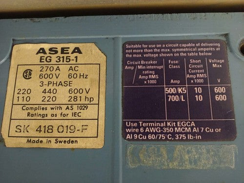 ASEA EG315-1 CONTACTOR, 3PH, 600V,100-200H.P., 270A CONT, SIZE 5,120V COIL,USED 5