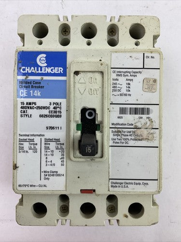 CHALLENGER CE3015 15AMP 480VAC 250VDC 3P MOLDED CASE CIRCUIT BREAKER 6626C03G030