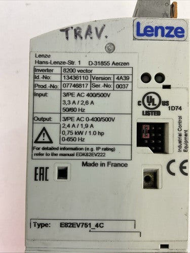 LENZE E82EV751-4C INVERTER OUTPUT 0-400/500VAC 2.4/1.9A 0.75kW/1HP D-318552