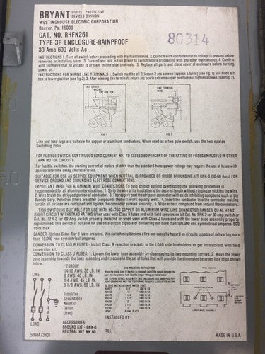 WESTINGHOUSE RHFN261 TYPE 3R RAINPROOF 30 AMP 600 VOLTS AC ENCLOSURE 4