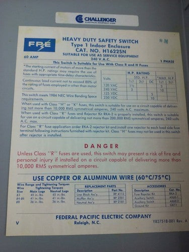 CHALLENGER H1622SN, H.D. SAFETY SWITCH, TYPE 1 INDOOR, 60A, 240V, FUSIBLE, NEW3