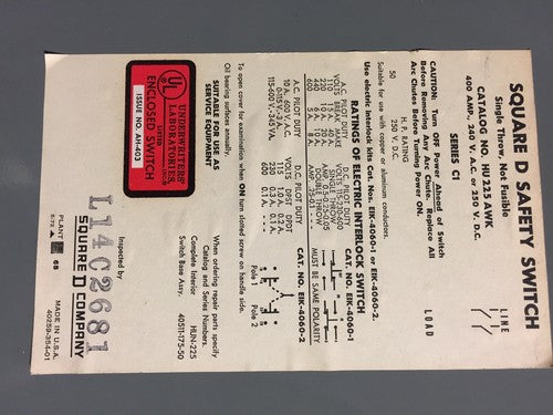 SQUARE D HU225AWK SAFETY SWITCH SINGLE THROW 400 AMP 240 VAC 250 VDC NOT FUSIBLE4