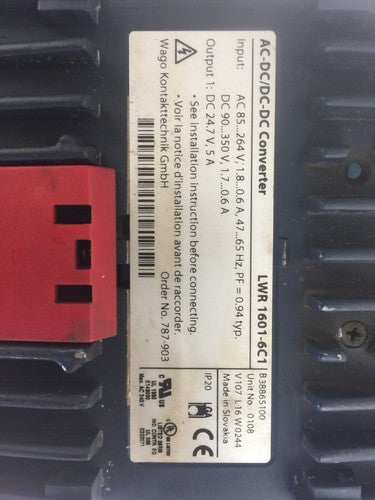 WAGO 787-903 AC-DC/DC-DC CONVERTER LWR 1601-6C1 OUTPUT 24.7VDC 5A INPUT 85-264VA1