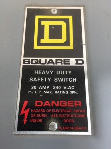 SQUARE D H321 FUSIBLE SAFETY SWITCH SER E2 30A 240VAC 7.5HP 3PH TYPE 1 ENCLOSURE1