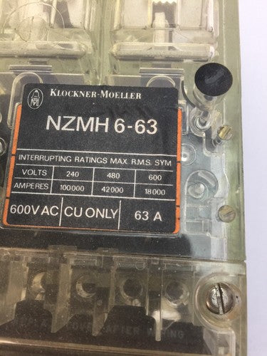 KLOCKNER MOELLER NZMH6-63 CIRCUIT BREAKER 600VAC 63A ZM6-25-CNA THERMAL TRIP 1