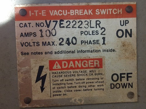 I-T-E V7E2223LR VACU-BREAK PANELBOARD SWITCH UNIT 240V 60-100A1
