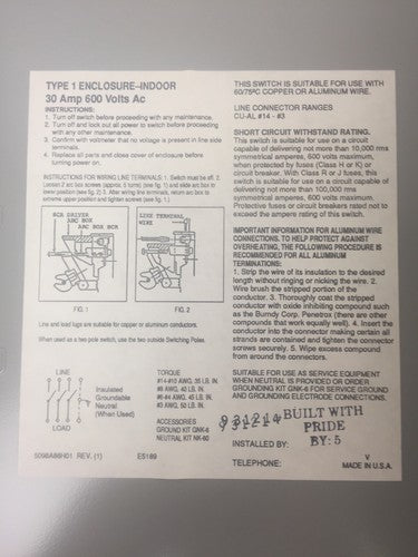 CHALLENGER HD361NFC HD SAFETY SWITCH 600V 30AMP 20HP 3 POLE NON FUSIBLE TYPE 14