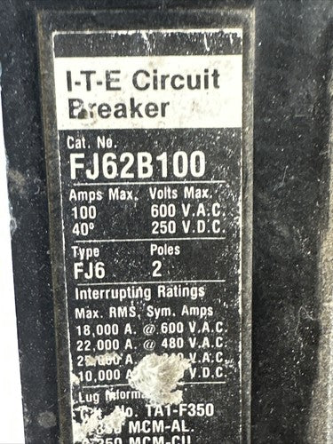 ITE FJ62B100 CIRCUIT BREAKER 100AMP 600VAC 250VDC 2POLE1