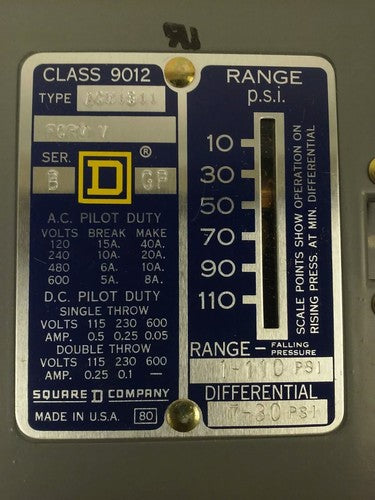 SQUARE D 9012 ACW1S11 SER.B, PRESSURE SWITCH, SET 43-50 PSI, FORM V, 9012 ACW12