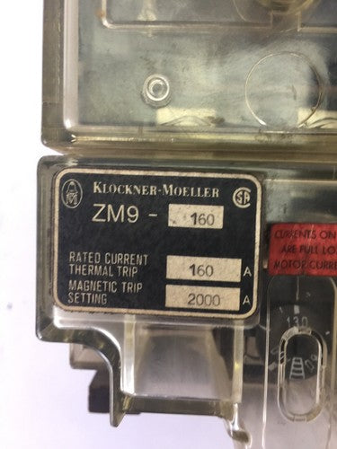 KLOCKNER MOELLER NZMH9-250 CIRCUIT BREAKER 600VAC 200HP ZM9-160 160A THERMAL 2