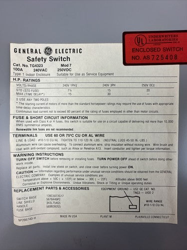 GE TG4323 FUSIBLE SAFETY SWITCH MOD 7 100A 240VAC 3PH 30HP 250VDC 20HP 3P TYPE 16