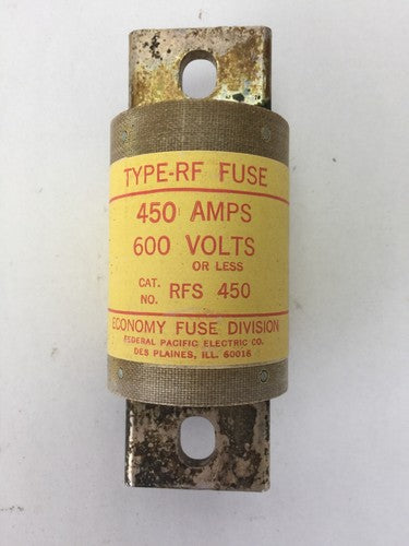 ECONOMY FUSE RFS 450 TYPE-RF FUSE 450 AMP 600 VOLTS FEDERAL PACIFIC ELECTRIC0
