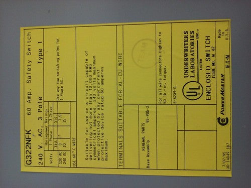 POWER MASTER, G322NFK, SAFETY SWITCH, 60A, 3 POLE, 240V, NON FUSIBLE, USED2