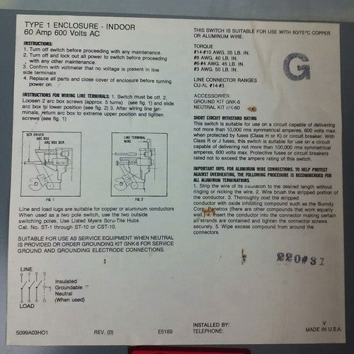 WESTINGHOUSE, HUN362, SAFETY SWITCH, 60A, 600V, 3P, TYPE 1 INDOOR, MISSING PARTS3