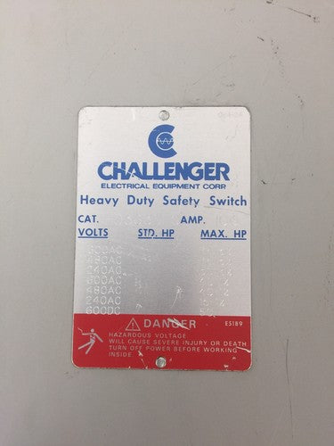 CHALLENGER HD363NFC HD SAFETY SWITCH 600VAC/DC 100AMP 75HP TYPE 1 ENCLOSURE1