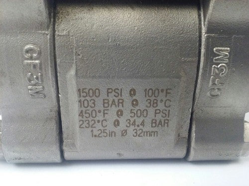 SWAGELOCK SS-67PF24 BALL VALVE 1500 PSI@100F, 103 BAR@38C, 450F@ 500PSI, 1.25in2