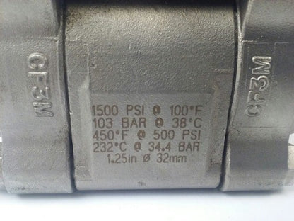 SWAGELOCK SS-67PF24 BALL VALVE 1500 PSI@100F, 103 BAR@38C, 450F@ 500PSI, 1.25in2