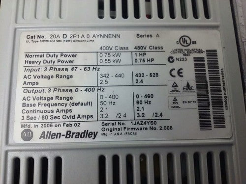 ALLEN BRADLEY POWER FLEX 70 20A-D2P1A0AYNNENN SER. A,3PH,480V, 1HP, W/ 20-HIM-A31