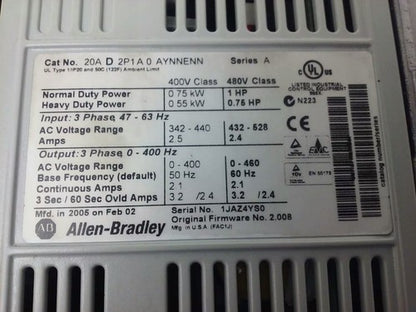 ALLEN BRADLEY POWER FLEX 70 20A-D2P1A0AYNNENN SER. A,3PH,480V, 1HP, W/ 20-HIM-A31