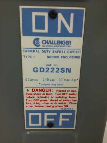 CHALLENGER GD222SN, SAFETY SWITCH, 60A, 240V, SINGLE PHASE FUSIBLE, 10 H.P. NEW 1