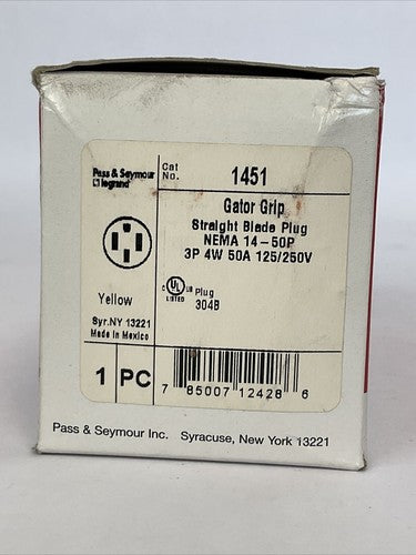 PASS & SEYMOUR 1451 GATOR GRIP STRAIGHT BLADE PLUG 3P 4W 50A 125/250V0