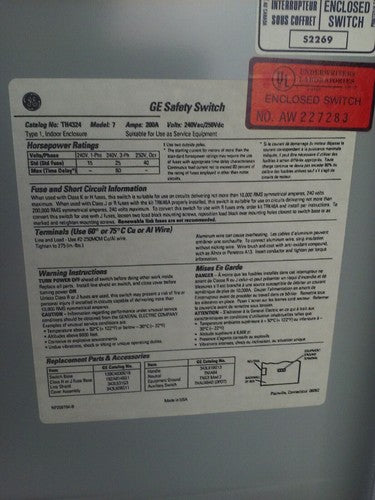 GE TH4324 MODEL 7 FUSIBLE SAFETY SWITCH 3P 200A 240V 60HP TYPE 1 INDOOR 2
