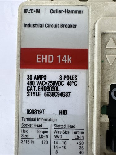 EATON CUTLER HAMMER EHD3030L 30AMP 3P 480VAC 250VDC 6638C94G87 CIRCUIT BREAKER1