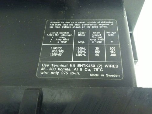 ABB EH450 CONTACTOR,  600V, 3PH, 525A, 400H.P., 3P, 355KW, EH, USED7