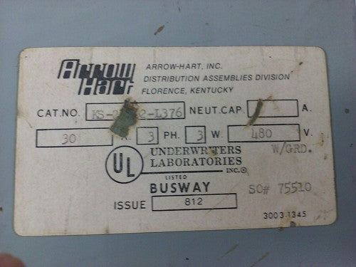 ARROW-HART BUSSWAY, 30AMP 3PH, 3W, 480V, MAX H.P. 20, FUSIBLE, DISCONNECT, USED 1