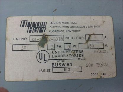 ARROW-HART BUSSWAY, 30AMP 3PH, 3W, 480V, MAX H.P. 20, FUSIBLE, DISCONNECT, USED 1