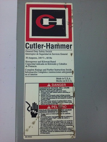 CUTLER-HAMMER DG321UGB, SER. B, SAFETY SWITCH, 30A, 240V, 3P, 60HZ, TYPE 1, USED1
