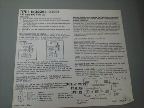 CHALLENGER HD363SNC FUSIBLE SAFETY SWITCH, 100A, 600V, 3PH, 75HP, TYPE 1 INDOOR2