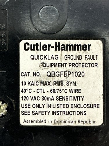 CUTLER HAMMER QBGFEP1020 QUICK LAG GROUND FAULT CIRCUIT BREAKER 20AMP 120VAC 1P1