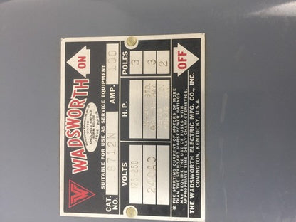 WADSWORTH 8712N ENCLOSED FUSIBLE SAFETY SWITCH 100A 240VAC 3 POLES AT-DE 100R3