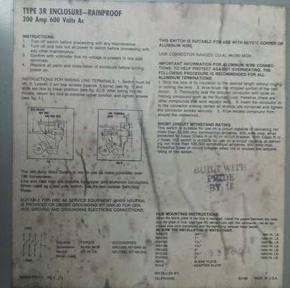 CHALLENGER RHD364NFC NON-FUSIBLE SAFETY SWITCH, 200A, 600V, 3PH, 150HP, TYPE 3R2