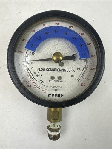 FLOW CONDITIONING CORP HI-100 (-14.7)-100PSI (-34)-230FEET H20 HYDRONIC INDICATO0
