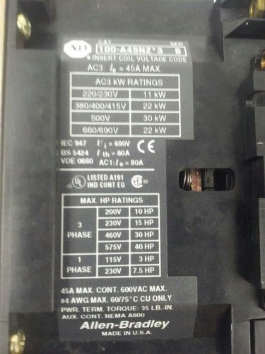 ALLEN BRADLEY 100-A45NZ*3 SER. B, CONTACTOR, 3PH, 600V, 45A, 40HP, 660/690V 22kW1