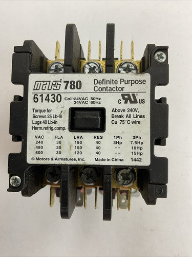 MARS 780 DEFINITE PURPOSE CONTACTOR 61430 600VAC 3PH 15HP COIL 24VAC0