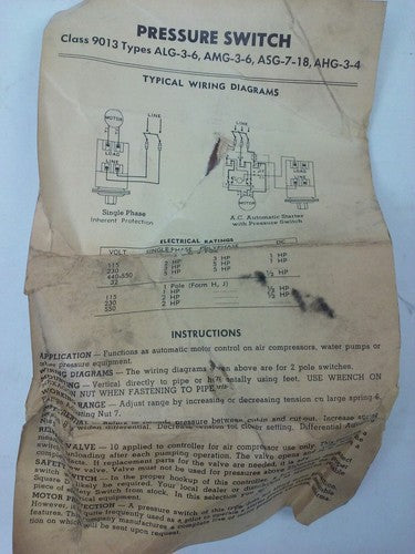 SQUARE D 9013 AHG-3S1 PRESSURE SWITCH, 550V, 2P, 3PH, 5HP, NEW OTHER, 9013 AHG6