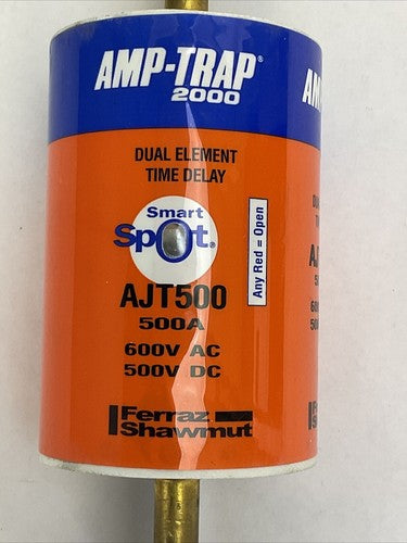 FERRAZ SHAWMUT AJT500 AMP-TRAP 2000 SMART SPOT FUSE 500A 600VAC 500VDC DUAL1