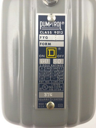 SQUARE D 9013 FYG2 PRESSURE SWITCH, 60-80PSI, 2P, 3PH, 115/230/32V, 3HP1