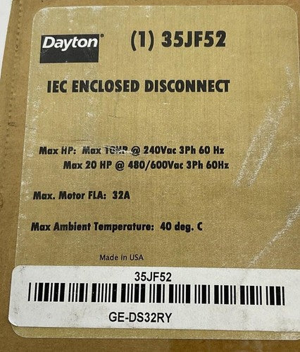 DAYTON 35JF52 IEC ENCLOSED DISCONNECT 20HP 600VAC 3PH 60HZ 32A2