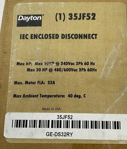DAYTON 35JF52 IEC ENCLOSED DISCONNECT 20HP 600VAC 3PH 60HZ 32A2