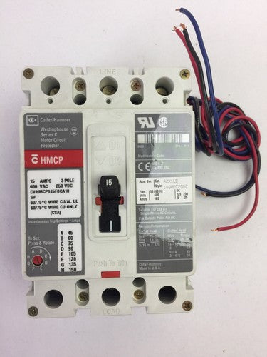 CUTLER HAMMER HMCP015E0CA10 MOTOR CIRCUIT PROTECTOR 15A 3P 600VAC 250VDC A2X1LB2