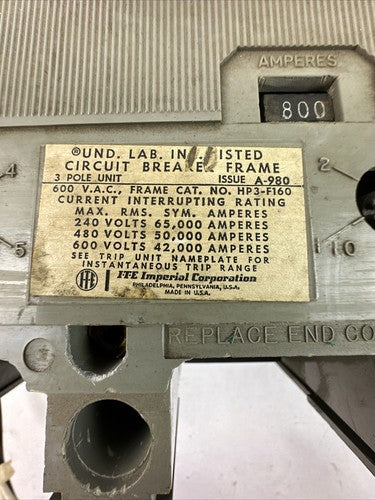 ITE HP3-F160 CIRCUIT BREAKER FRAME 600VAC 3POLE WITH 800A TRIP UNIT A02HP0R0 AUX1