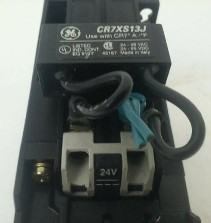 GENERAL ELECTRIC CR7ZA CONTACTOR 600V 25A 3PH 7.5HP 24VDC COIL W/ CR7XS13J 3