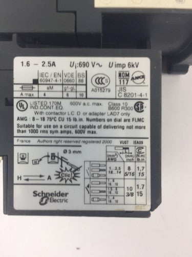 TELEMECANIQUE LC1D09BL CONTACTOR LRD07 OVERLOAD RELAY 1.6-2.5A LAD4TBDL 24V4